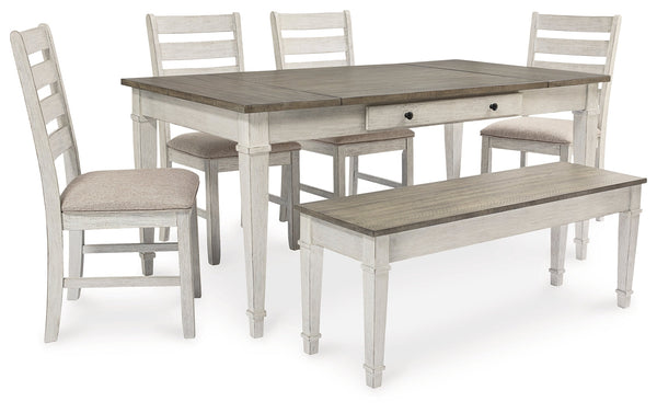 Skempton Dining Table and 4 Chairs and Bench in White/Light Brown - PKG008915