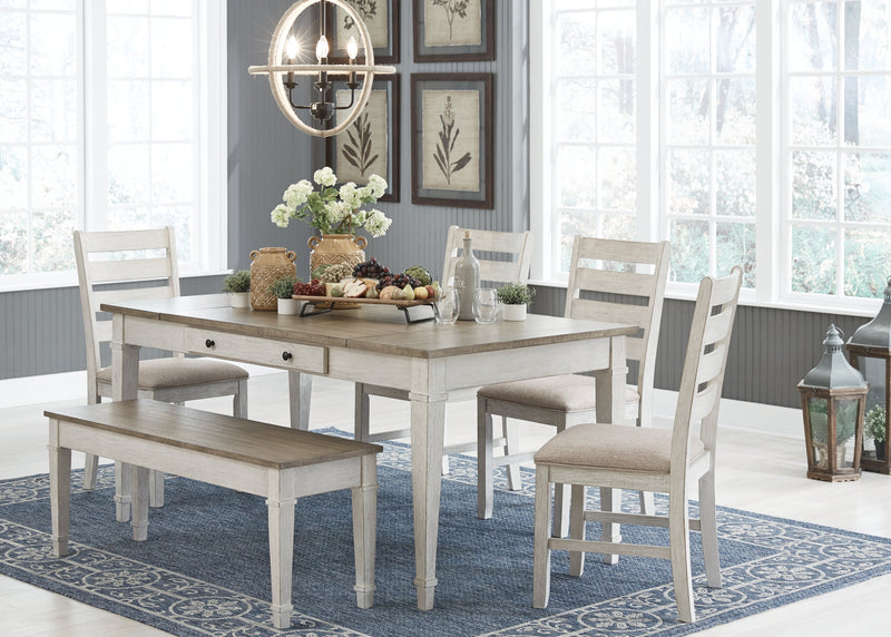 Skempton Dining Table and 4 Chairs and Bench in White/Light Brown - PKG008915