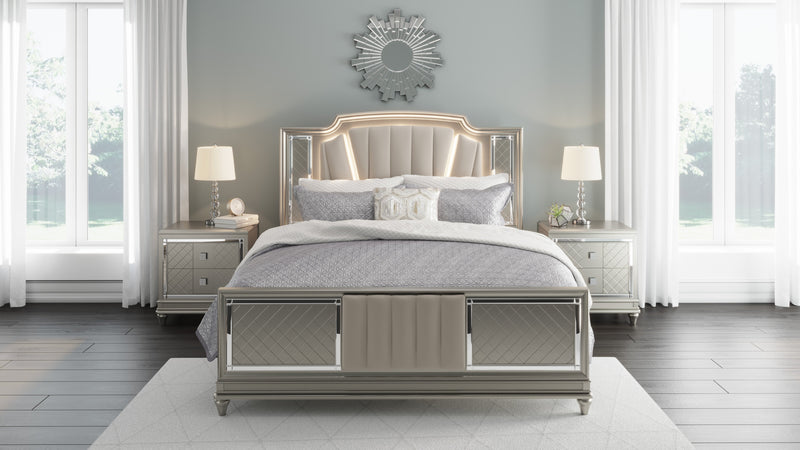 Chevanna Platinum LED Upholstered Panel Bedroom Set - SET | B744-56 | B744-58 | B744-97 | B744-92 | B744-46 - Nova Furniture